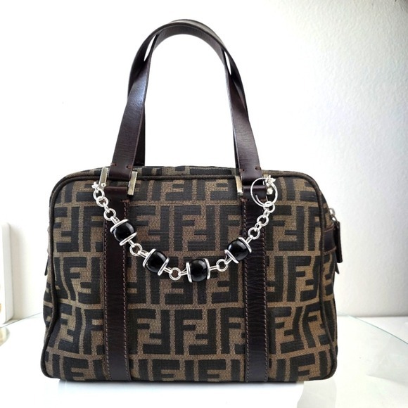 Fendi Zucca Small Boston Satchel Handbag Tobacco Brown Jacquard Purse Vtg - Picture 3 of 16